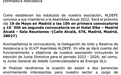 “XLVI ASAMBLEA ANUAL ALDEFE Y JUNTA GENERAL ORDINARIA ALDEFE COMERCIALIZADORA DE ENERGÍA SLU – 19 MAYO 2022”